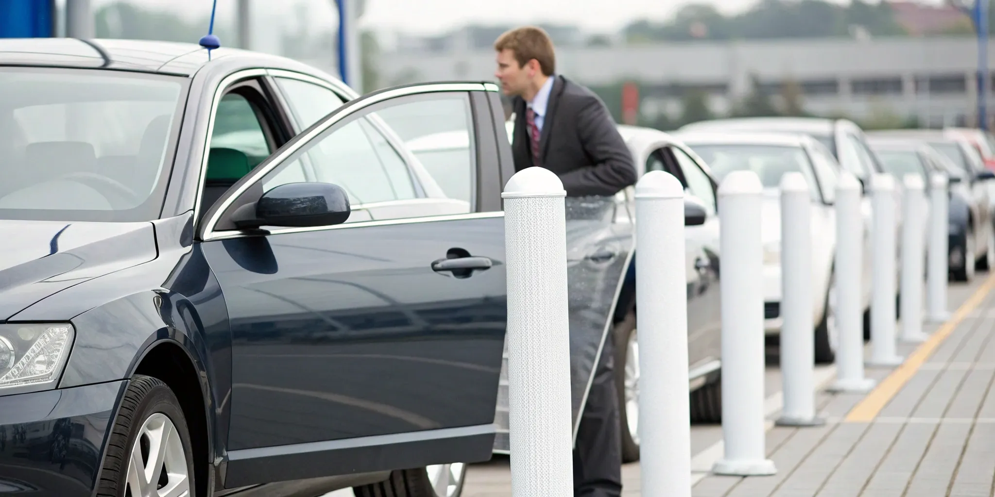 A man inspects a car at a dealership, protected by auto consumer protection laws.