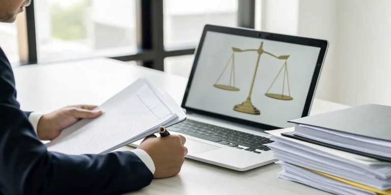 A person reviews documents at a desk while learning how to file a lemon law claim.