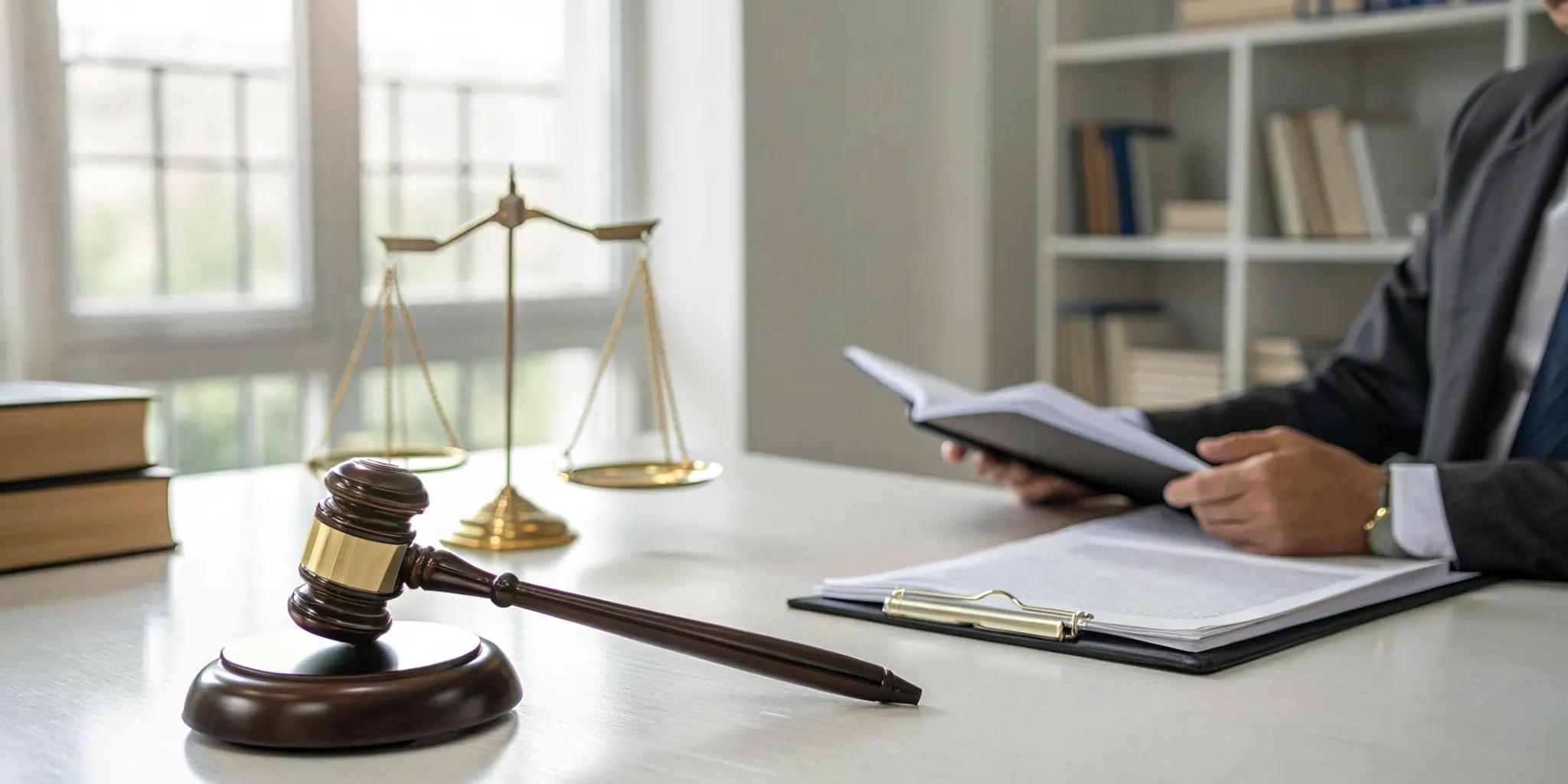 Gavel and scales of justice on legal documents covering the implied warranty of merchantability.