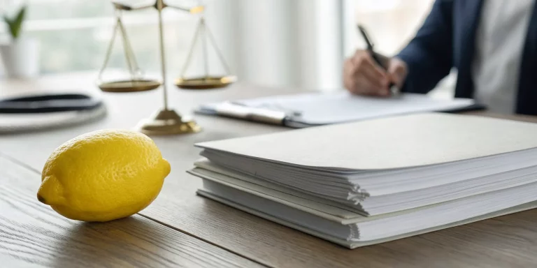 A lemon, legal documents, and justice scales for a Florida lemon law claim.
