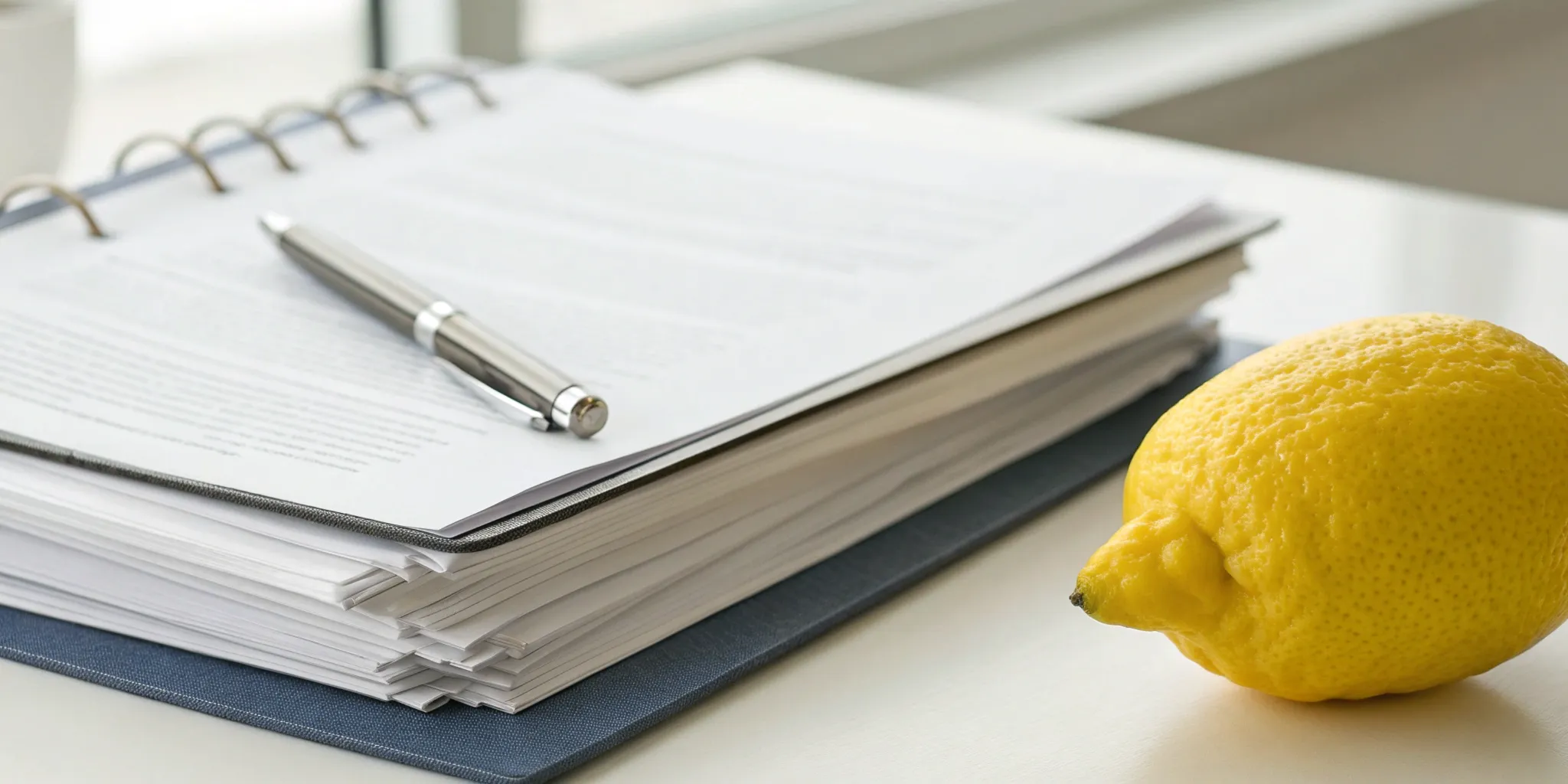 A lemon and pen on a stack of legal documents for lemon law qualifications.