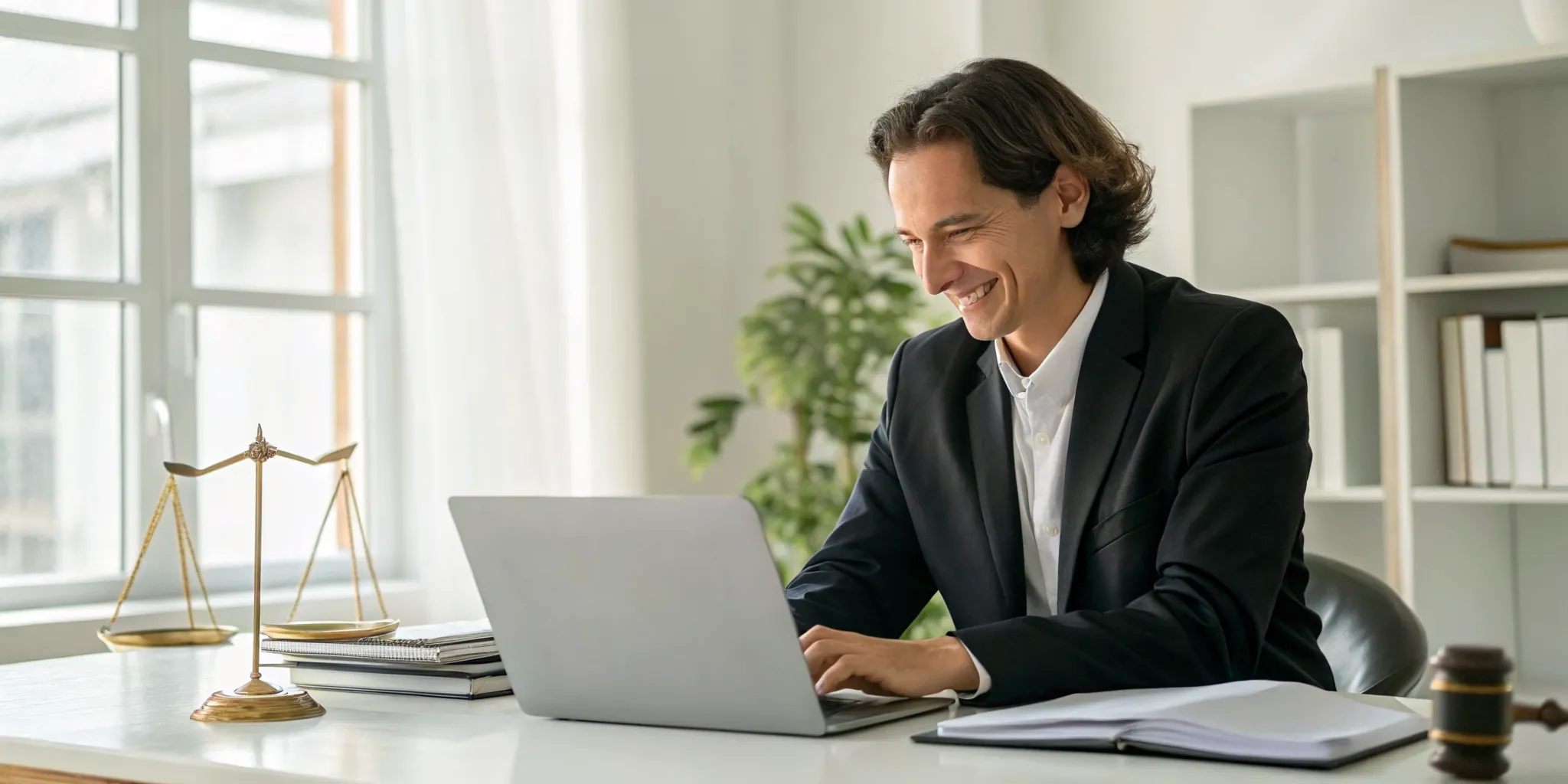 An auto warranty lawyer reviews a client's claim documents at their office desk.