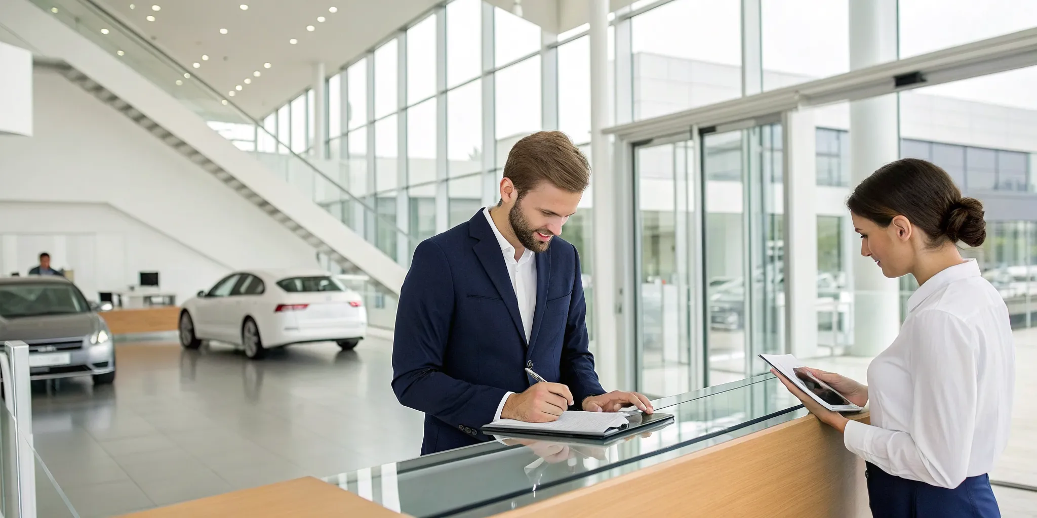 Car owner reviewing paperwork for a denied warranty claim at a dealership.