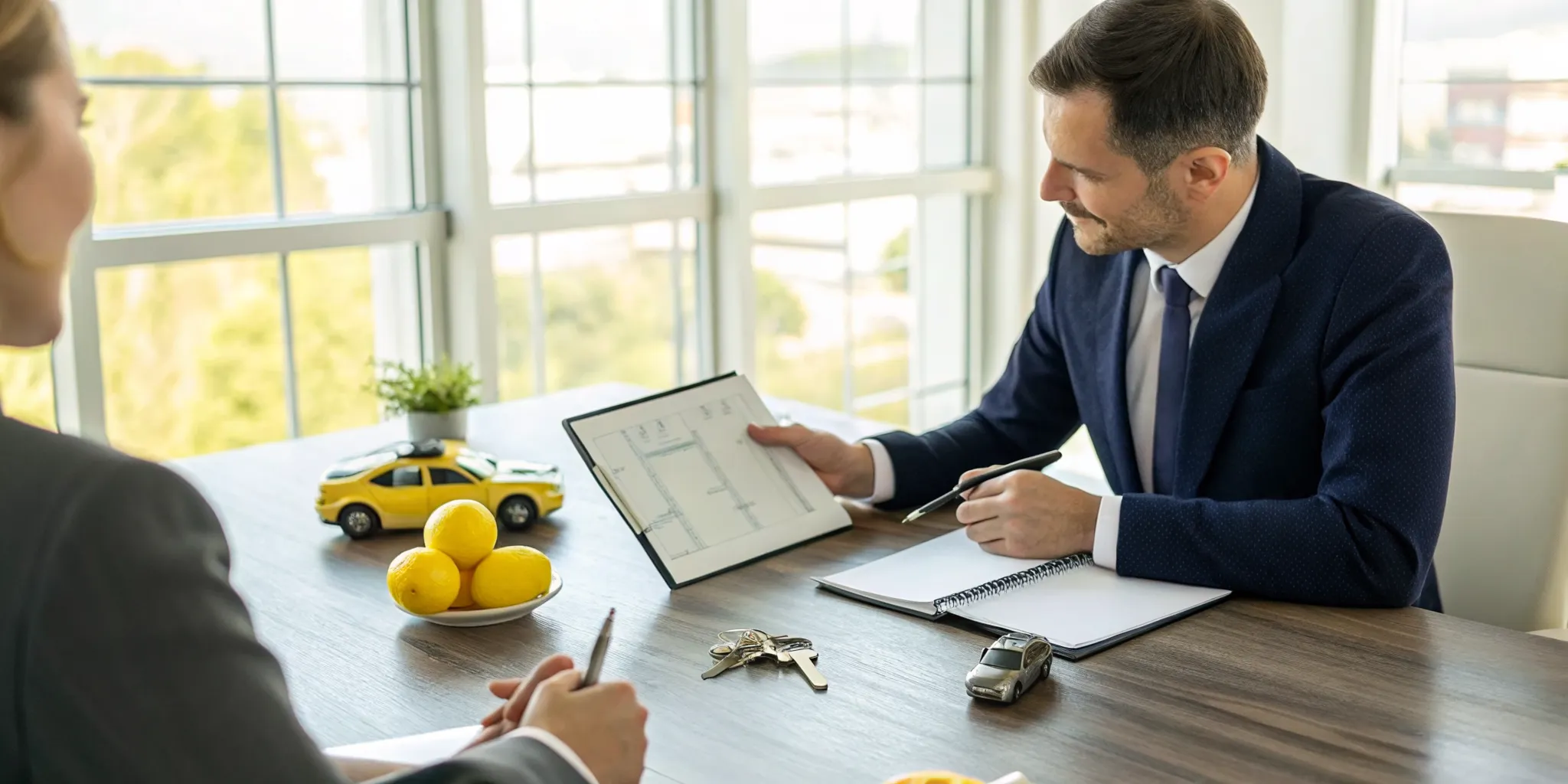 A lemon law attorney discusses a case with a client during a free consultation.
