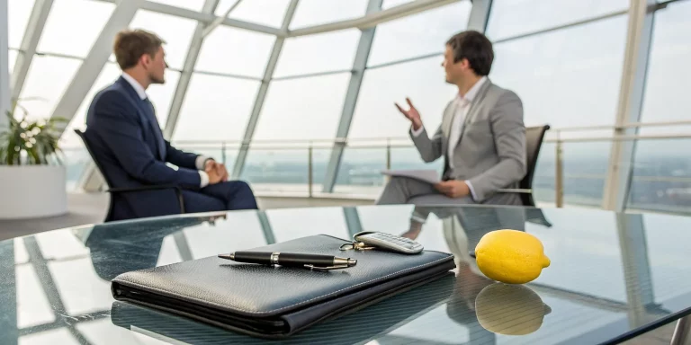 Attorneys discussing a lemon law claim for a leased car with a lemon on the desk.