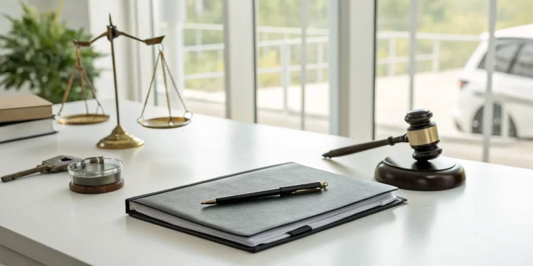 Scales of justice and a gavel on documents for a lawsuit against a car company.