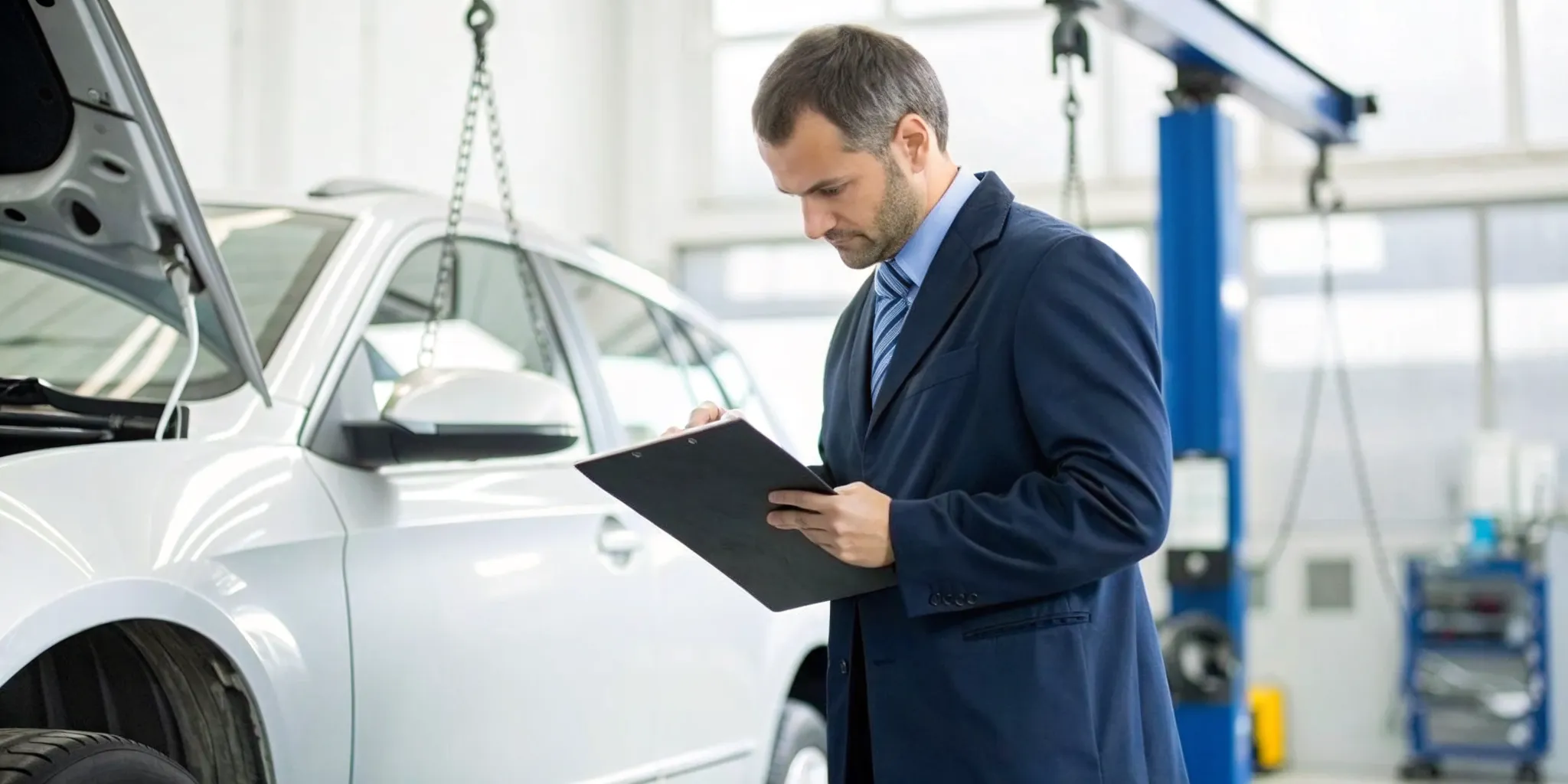 Defective vehicle attorney investigating a car in an auto repair shop.