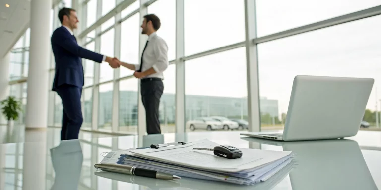 Men shaking hands over car warranty paperwork, a common source of future disputes.