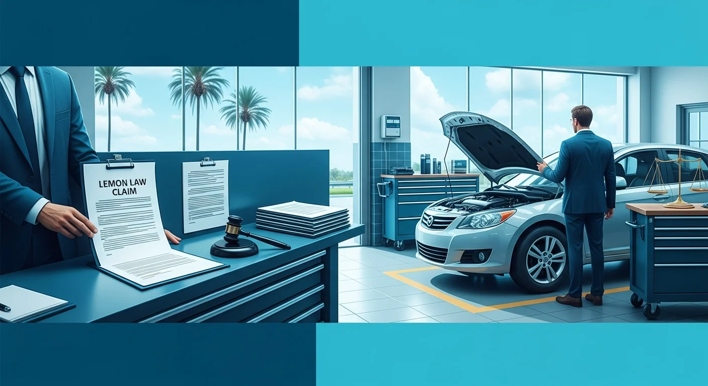 Florida lemon law process - car at dealership service bay with legal documents representing consumer protection rights