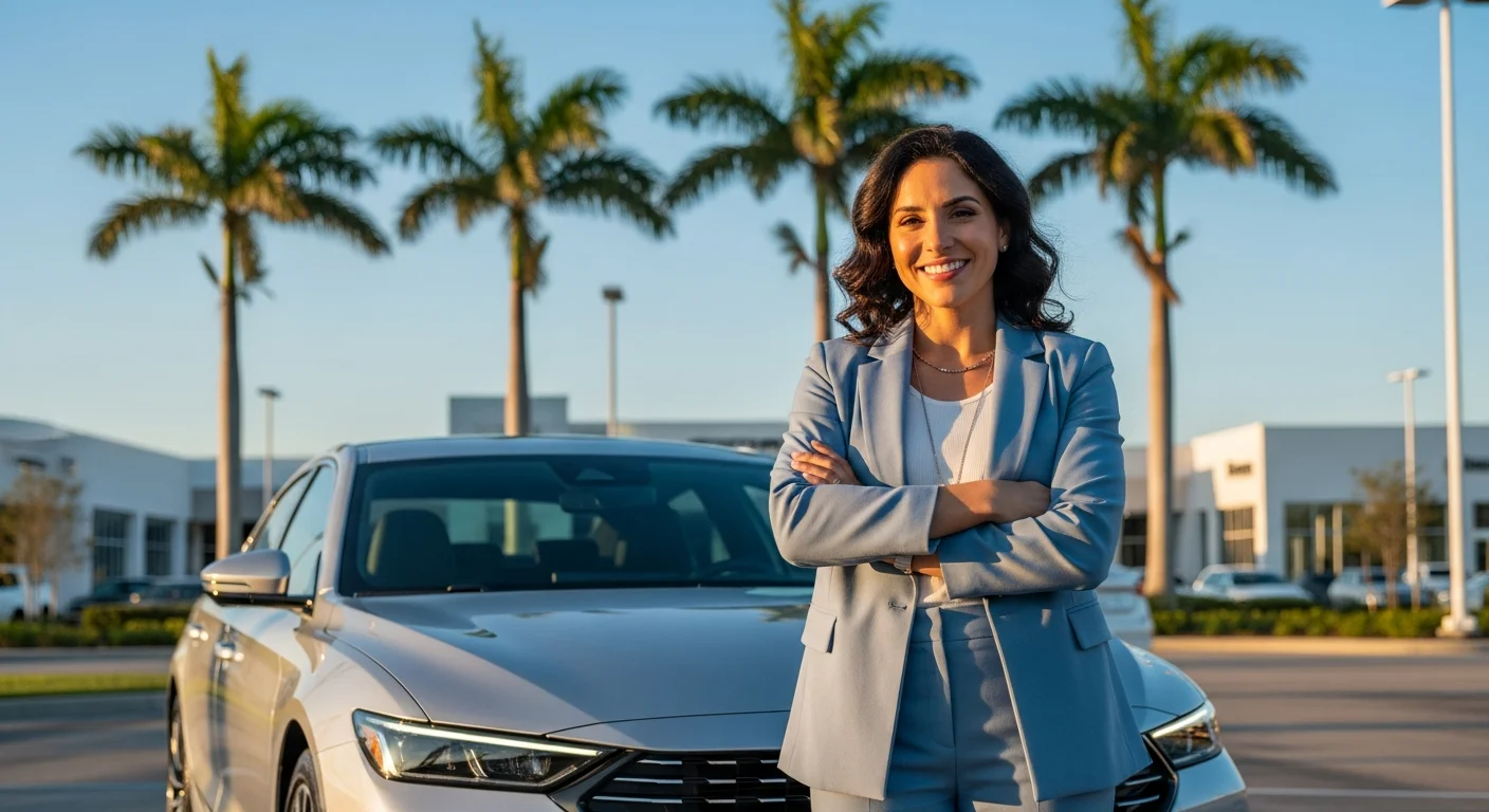 Confident consumer with vehicle at Florida dealership after successful lemon law claim