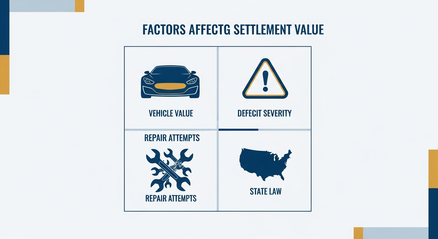 Factors affecting lemon law settlement amounts including vehicle value, defect type, and state law