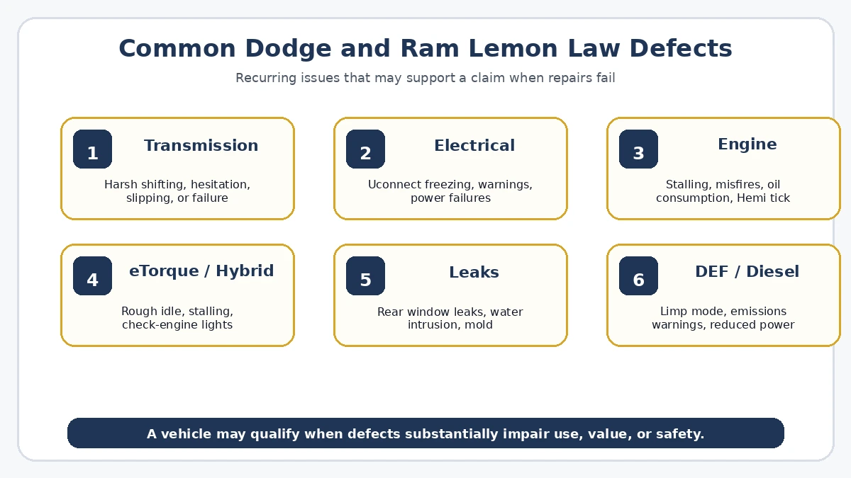 Common Ram 1500 and Dodge vehicle defects diagram showing transmission, eTorque, and electrical problem areas