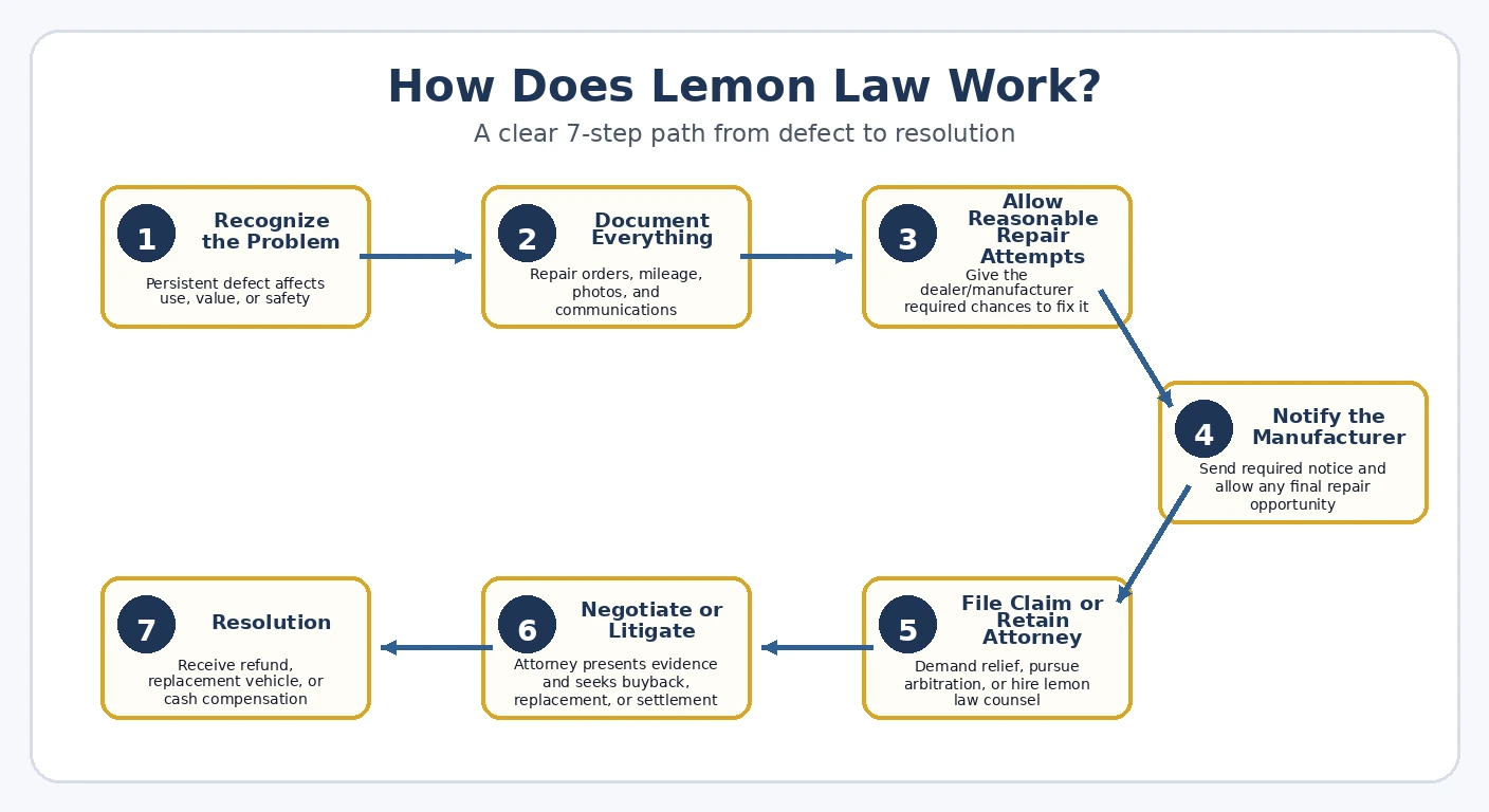 Step-by-step lemon law process diagram showing the path from defect to resolution