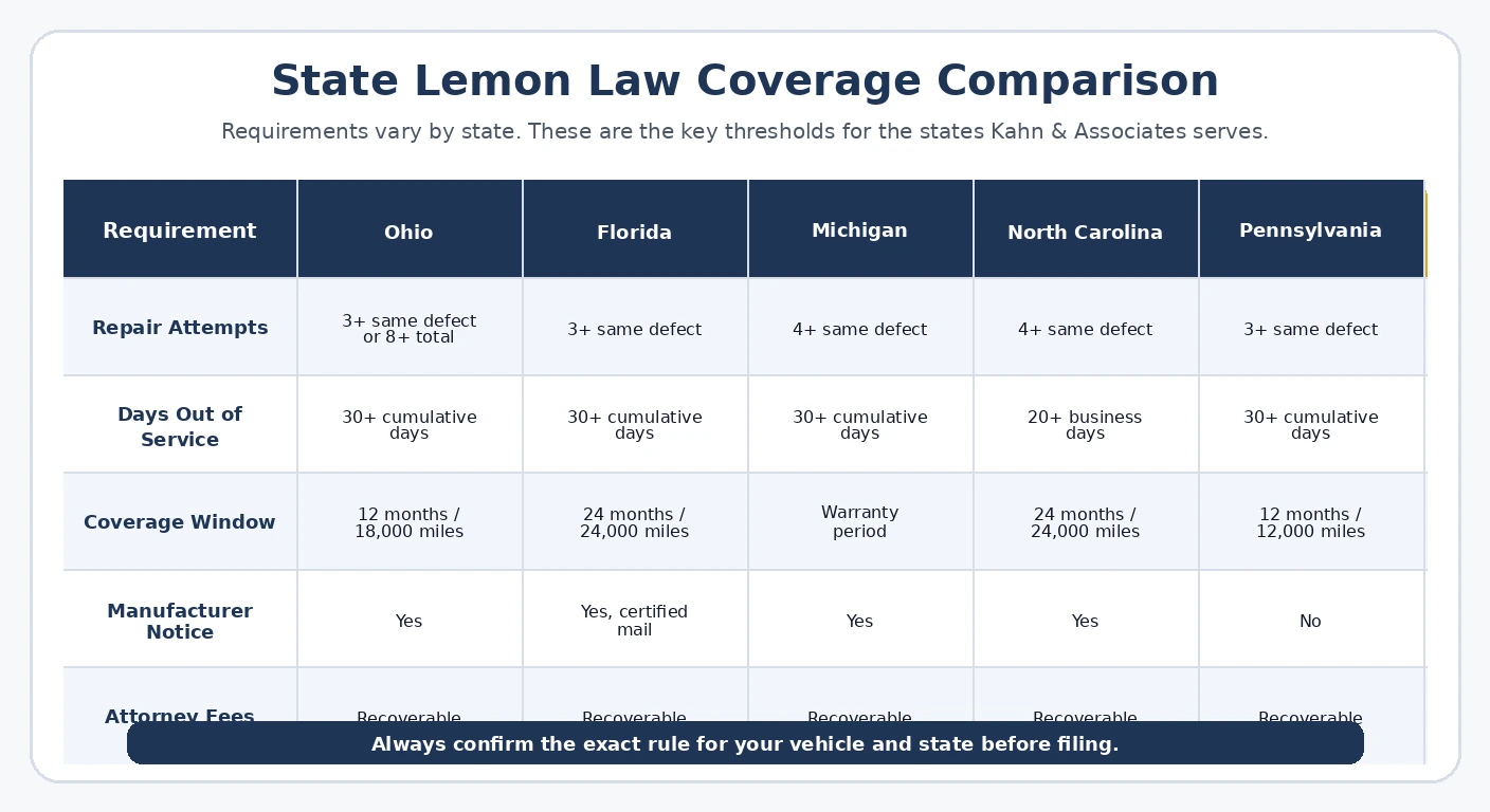 State lemon law comparison chart showing coverage across Ohio, Florida, Michigan, North Carolina, and Pennsylvania