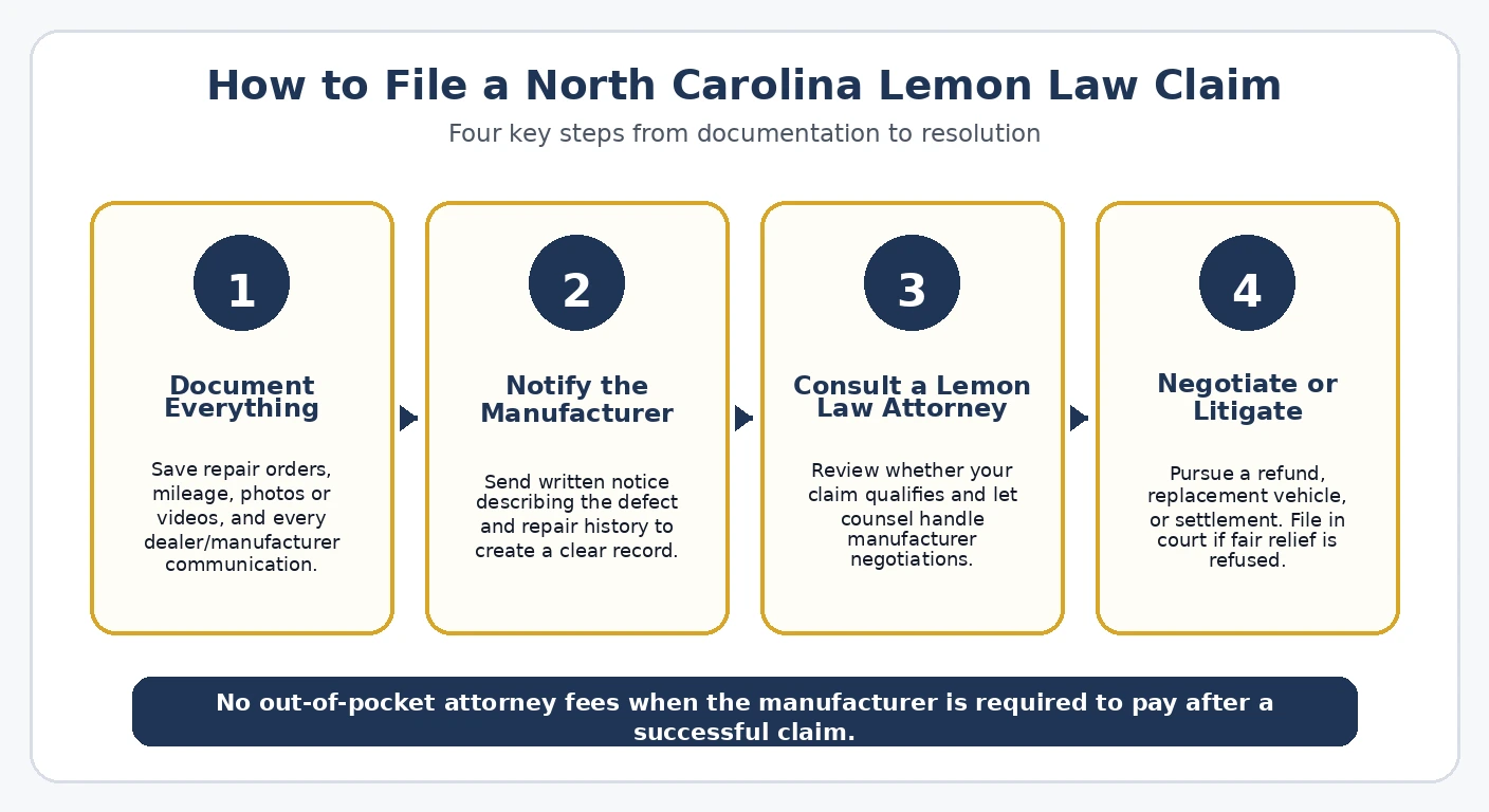 How to file a North Carolina lemon law claim - step by step process from documentation to settlement