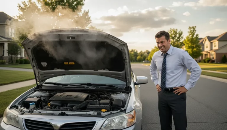 Frustrated car owner standing next to a broken-down sedan with hood open and steam rising from the engine