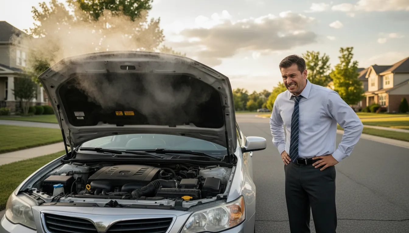 Frustrated car owner standing next to a broken-down sedan with hood open and steam rising from the engine