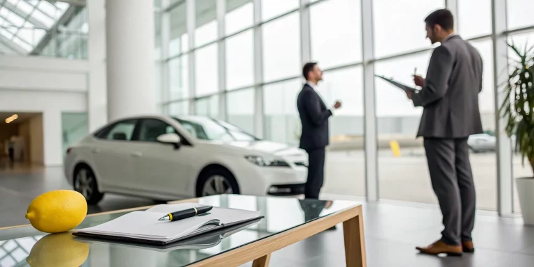 A customer at a dealership reviewing paperwork after buying a lemon car from a dealer.