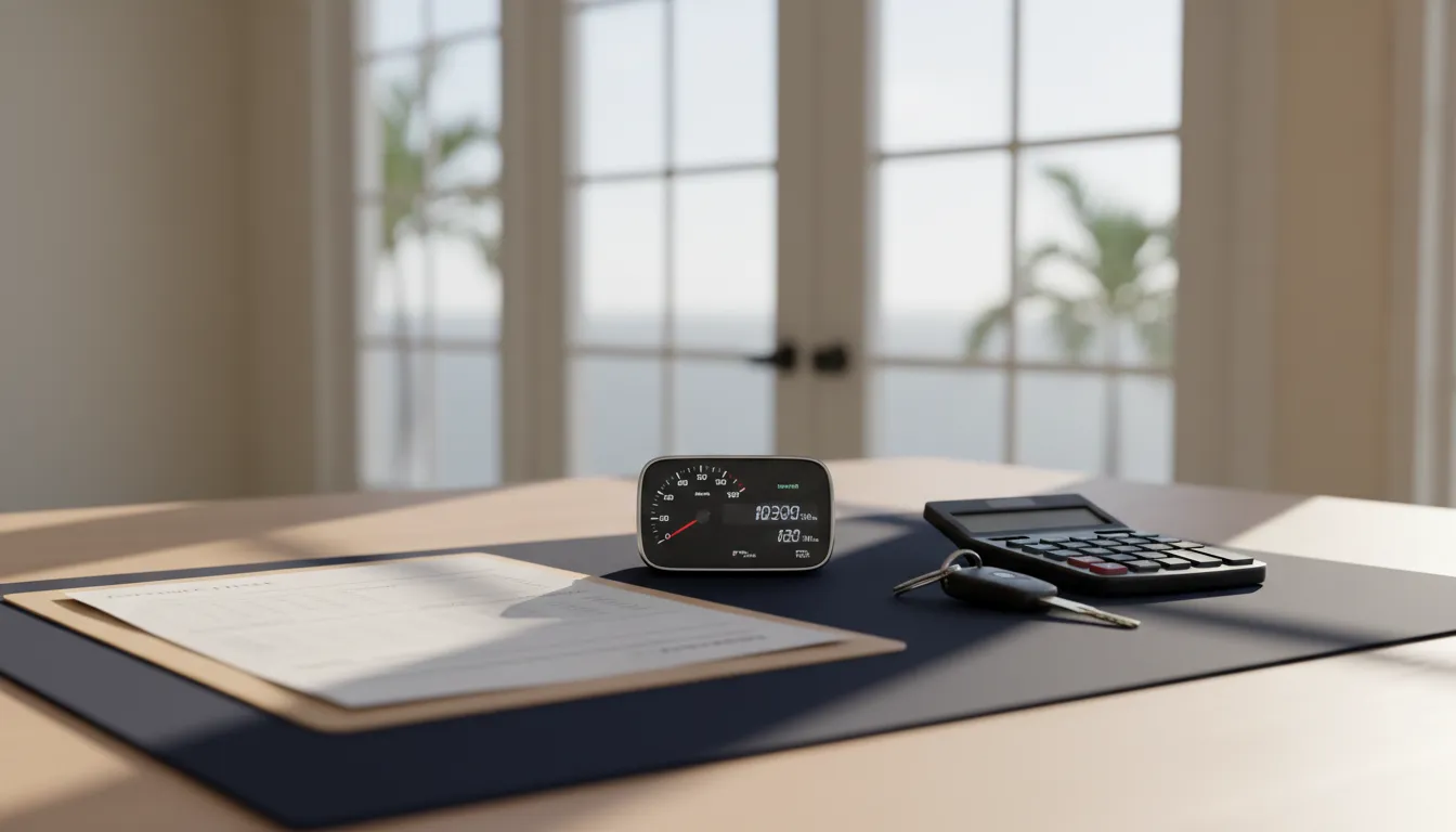 Vehicle odometer, keys and repair record folder on a desk