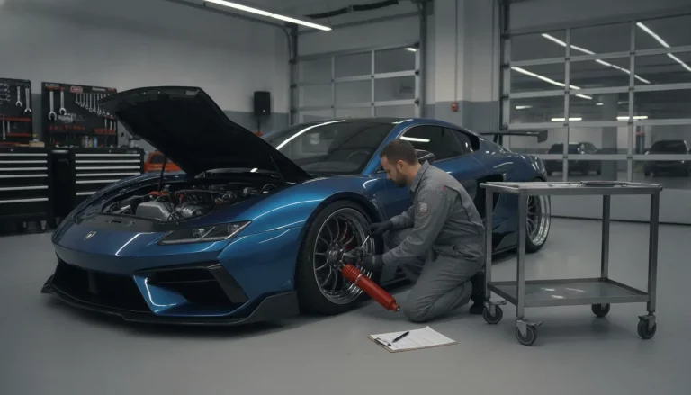 Mechanic inspecting a modified vehicle in a service bay