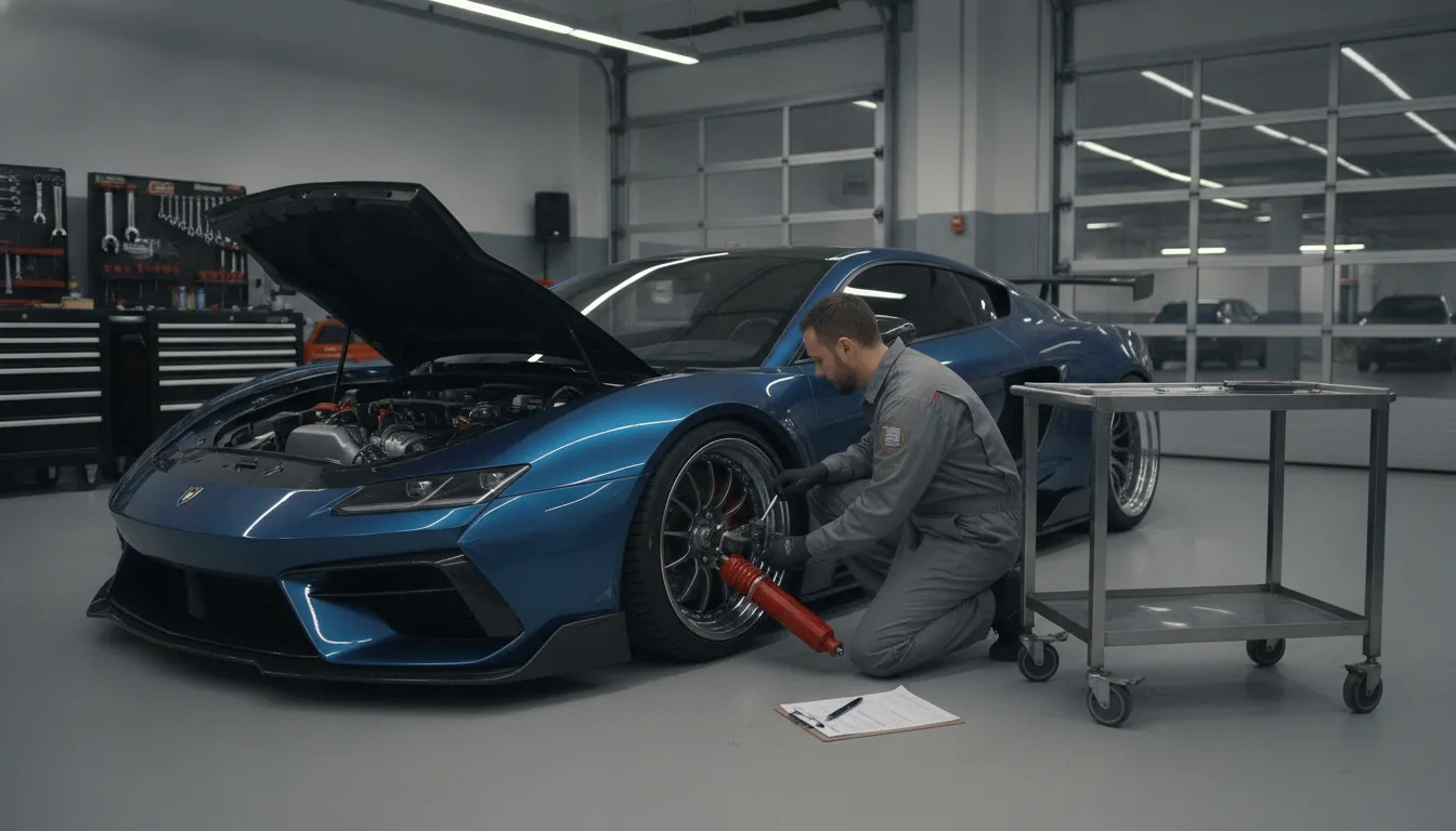 Mechanic inspecting a modified vehicle in a service bay
