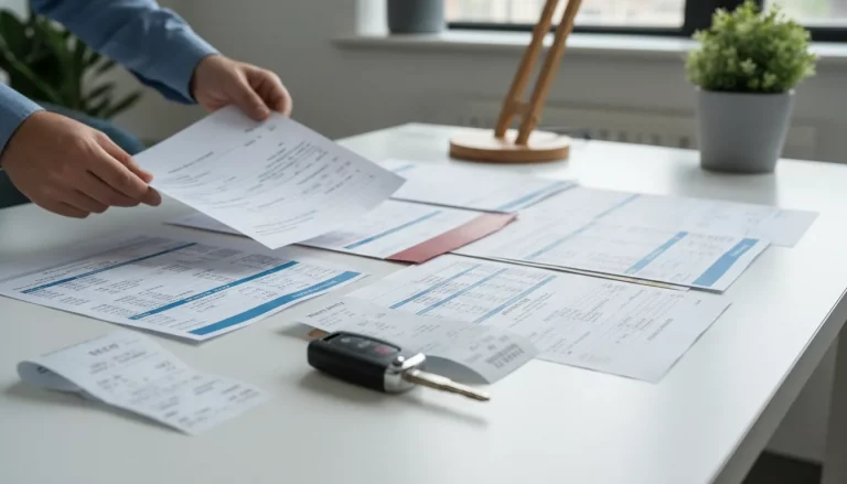Vehicle warranty repair orders and car key organized on a desk