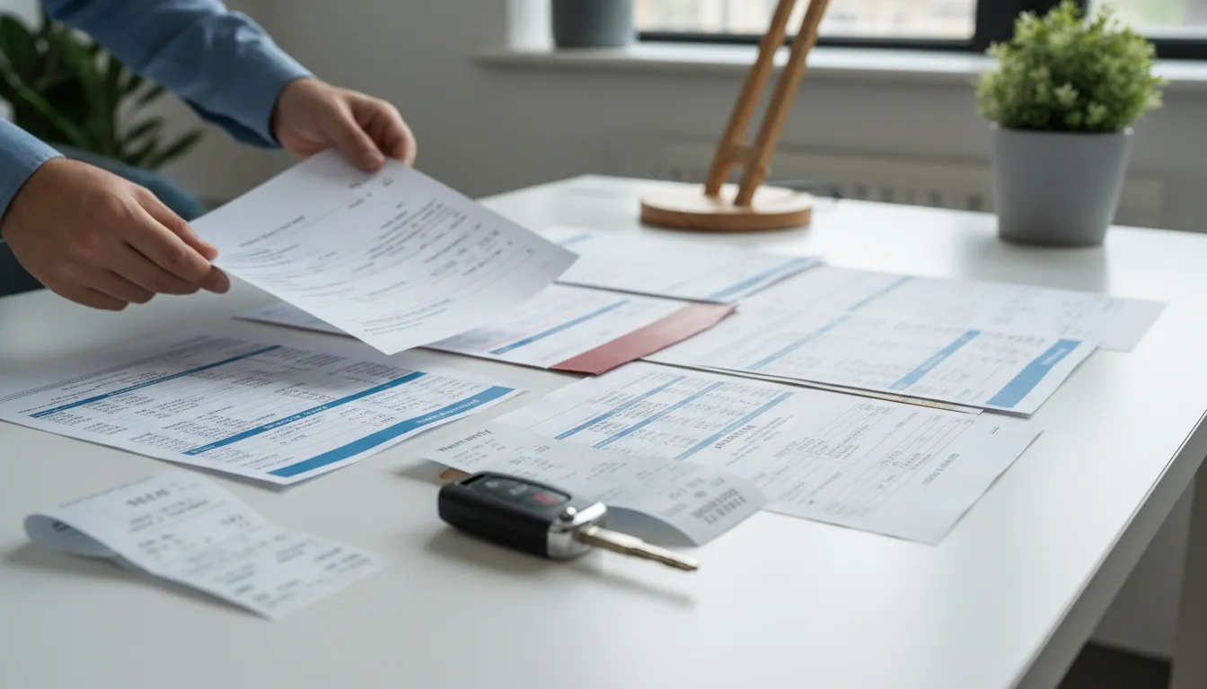 Vehicle warranty repair orders and car key organized on a desk