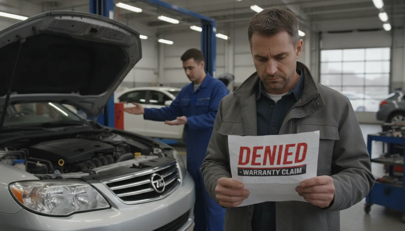Vehicle owner reviewing a denied manufacturer warranty repair notice at a service center