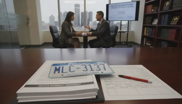 A professional legal office scene with a Michigan license plate and vehicle warranty paperwork, representing lemon law mileage offset calculations
