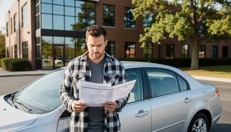 Ohio vehicle owner reviewing repair records beside a car