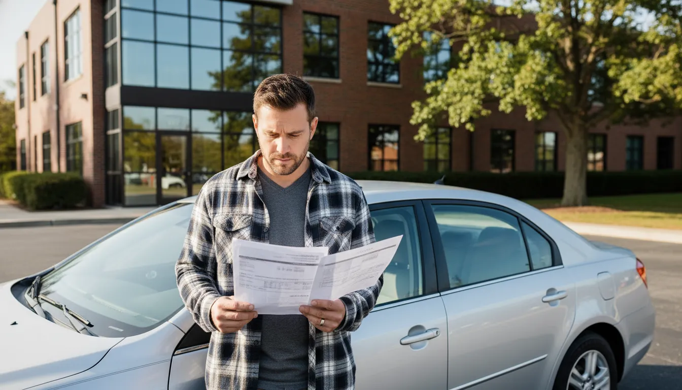 Ohio vehicle owner reviewing repair records beside a car