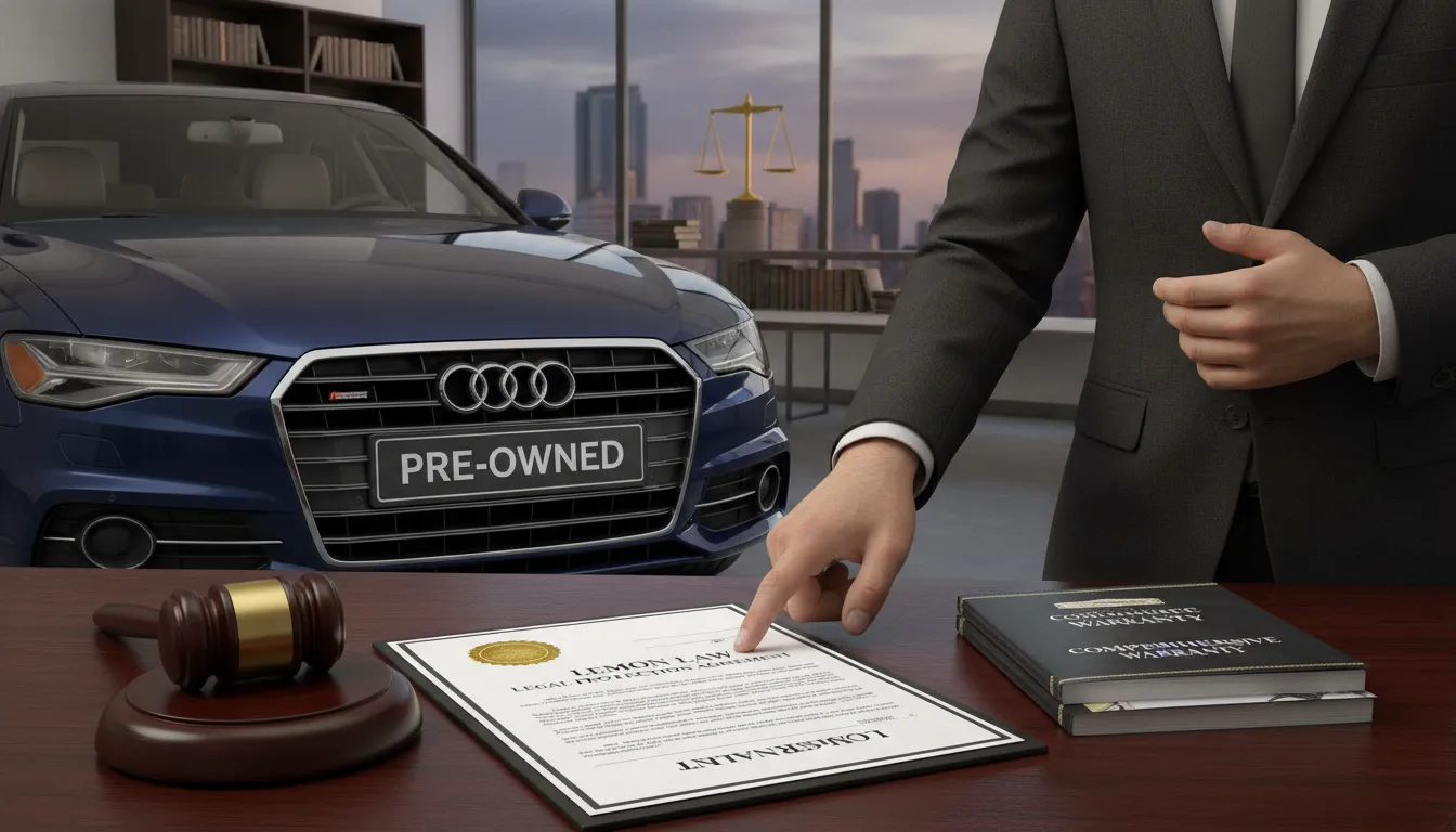 Certified pre-owned car with lemon law legal protection theme showing a gavel and warranty documents