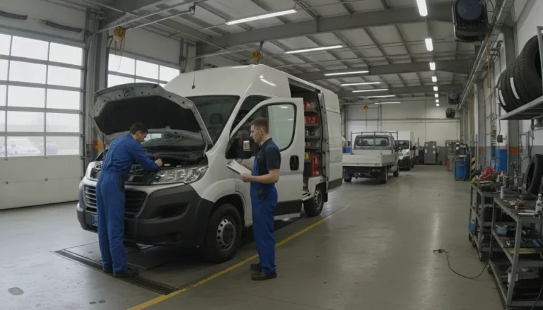 Commercial van undergoing warranty inspection at a service center