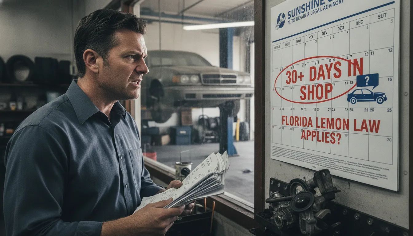 Frustrated car owner reviewing a repair shop calendar showing vehicle has been in the shop for over 30 days