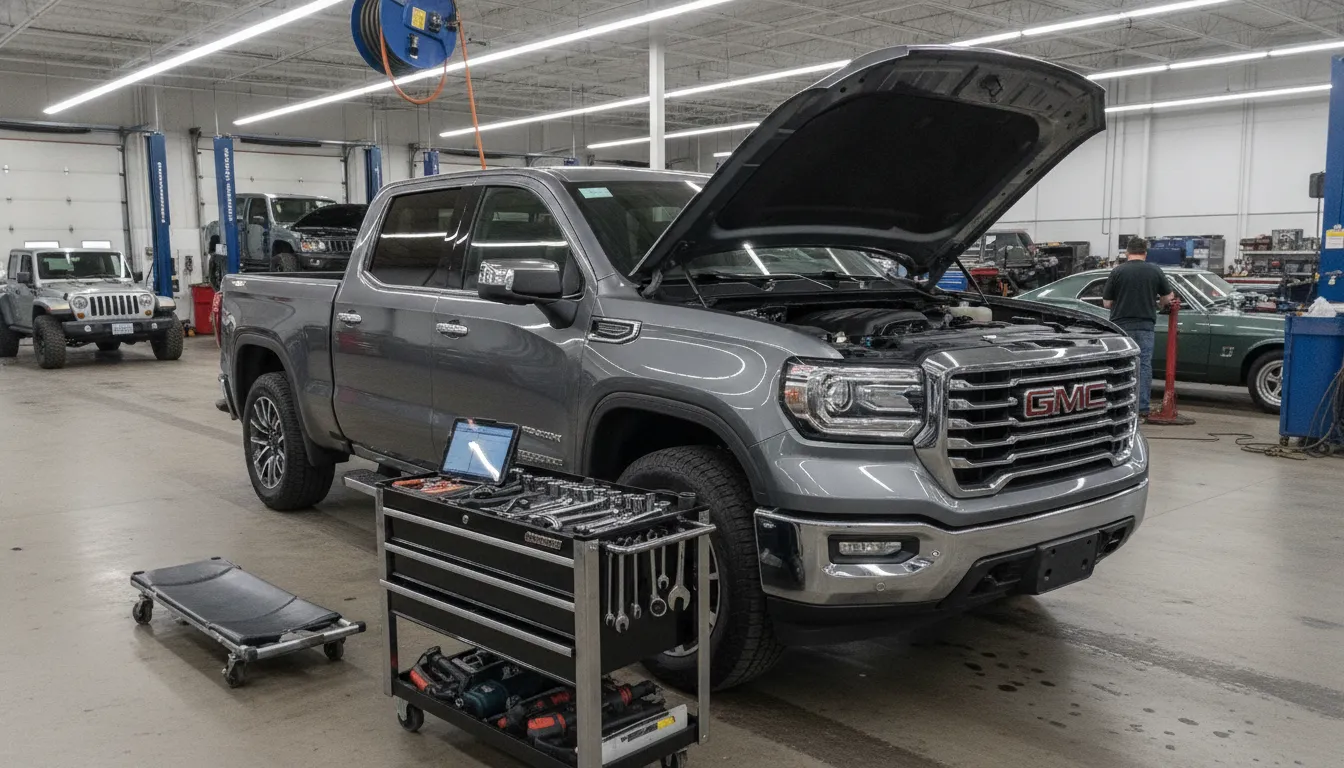 A GMC Sierra truck inside an automotive service department with open hood