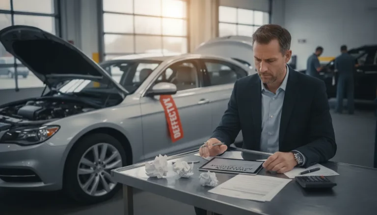 Consumer reviewing auto loan documents beside a vehicle