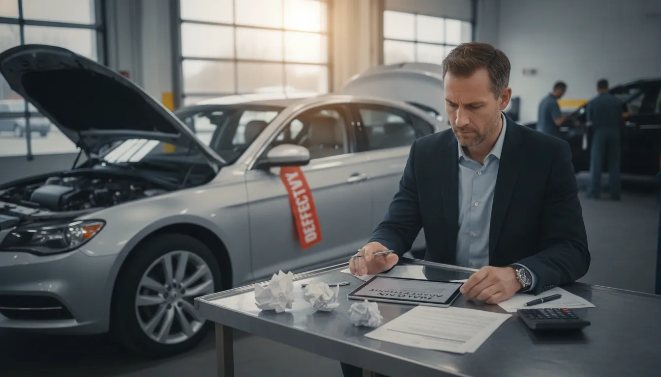 Consumer reviewing auto loan documents beside a vehicle