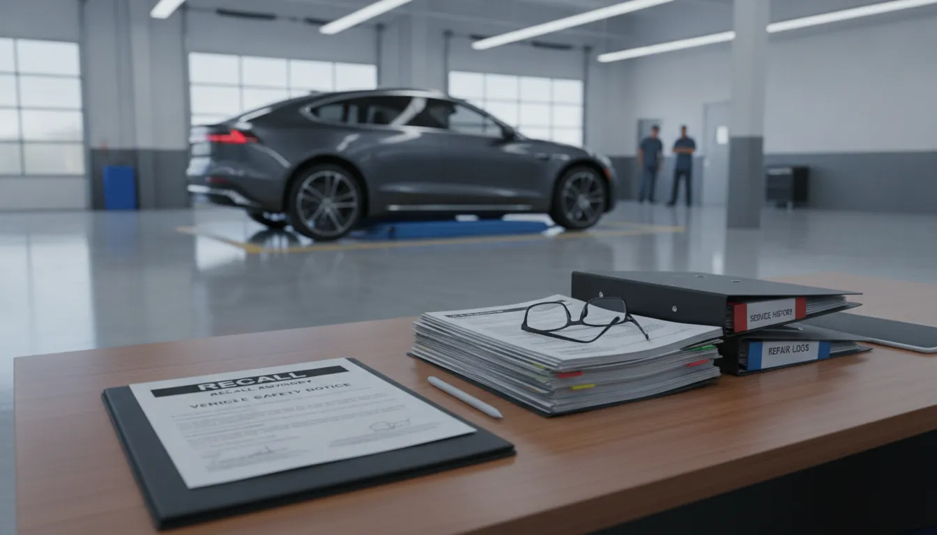 Car at a service center with recall notice and repair records