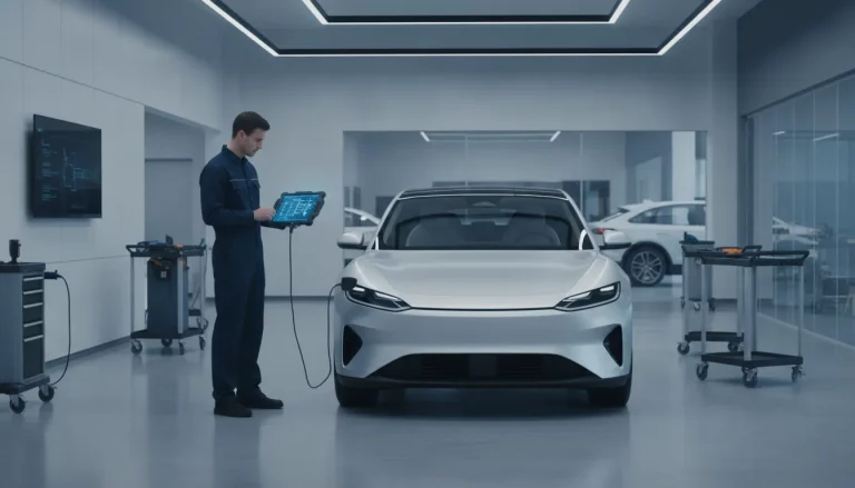 Technician installing a vehicle software update in a service bay