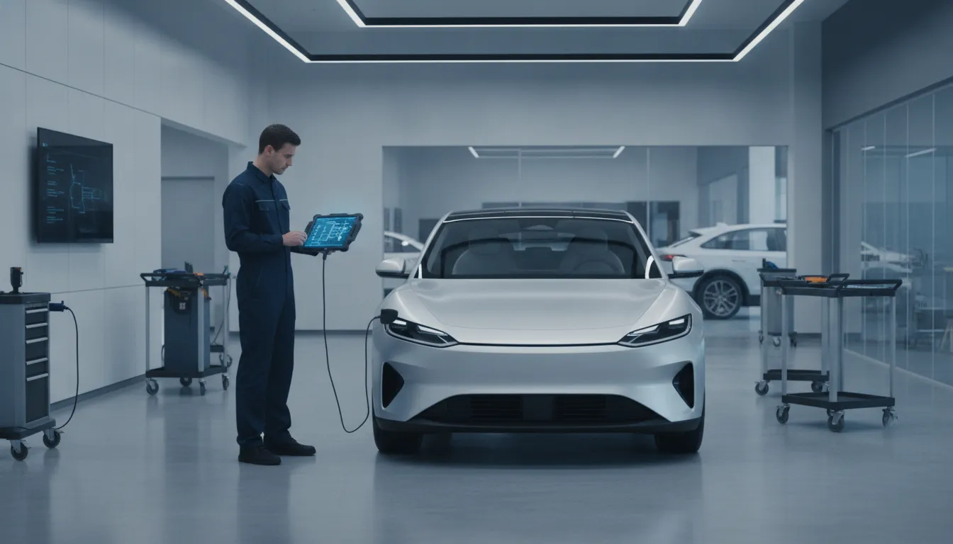 Technician installing a vehicle software update in a service bay