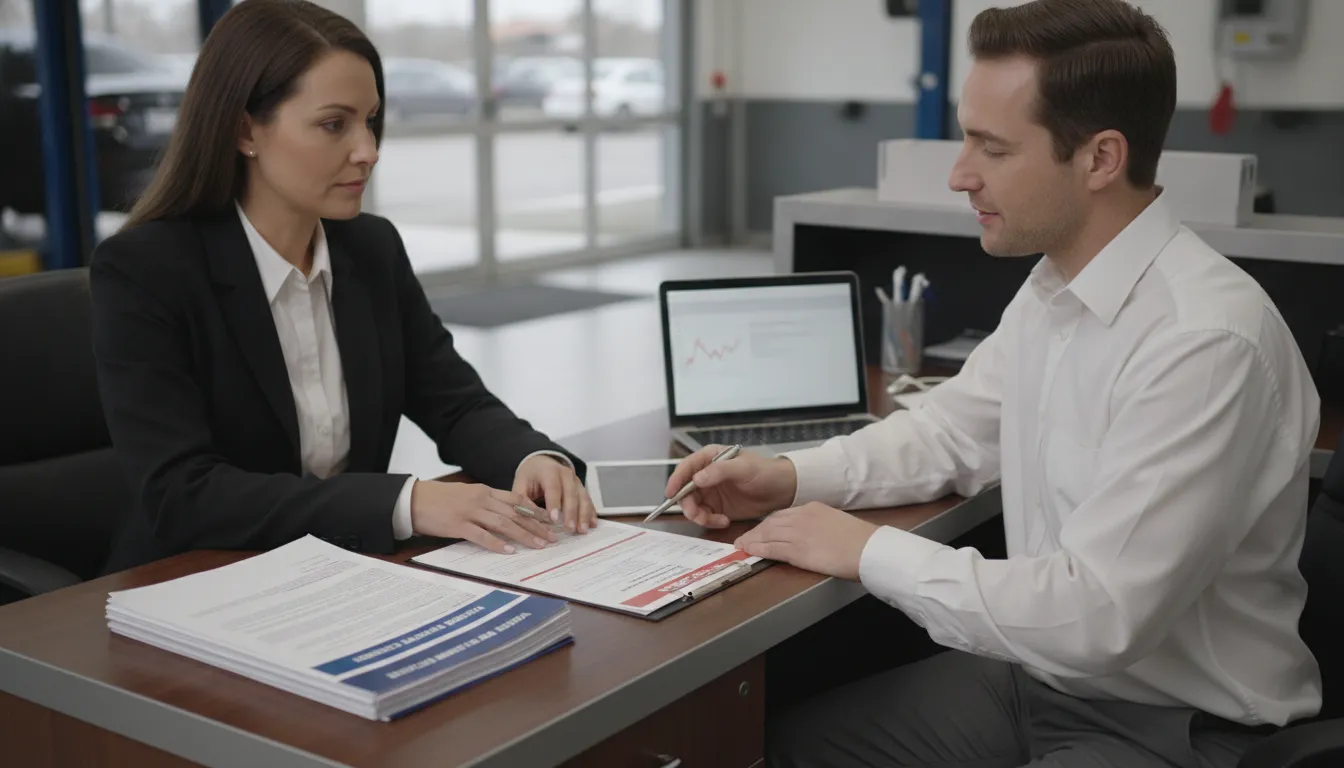 Consumer reviewing a vehicle repair order and warranty paperwork