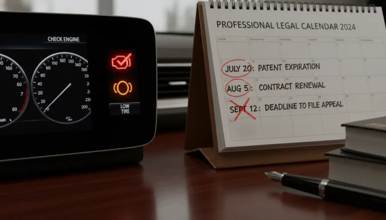 A car dashboard warning light next to a legal calendar