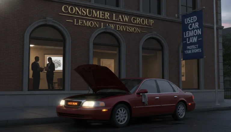 Used car parked outside a legal office building with check-engine light on, representing lemon law protection for used vehicles