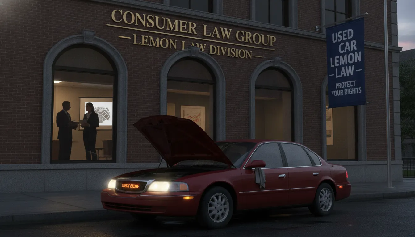 Used car parked outside a legal office building with check-engine light on, representing lemon law protection for used vehicles