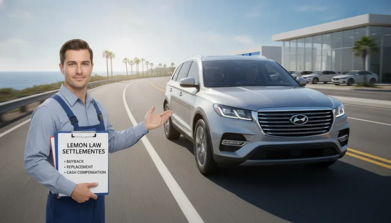 New SUV on a sunny road with mechanic holding paperwork representing lemon law settlement options