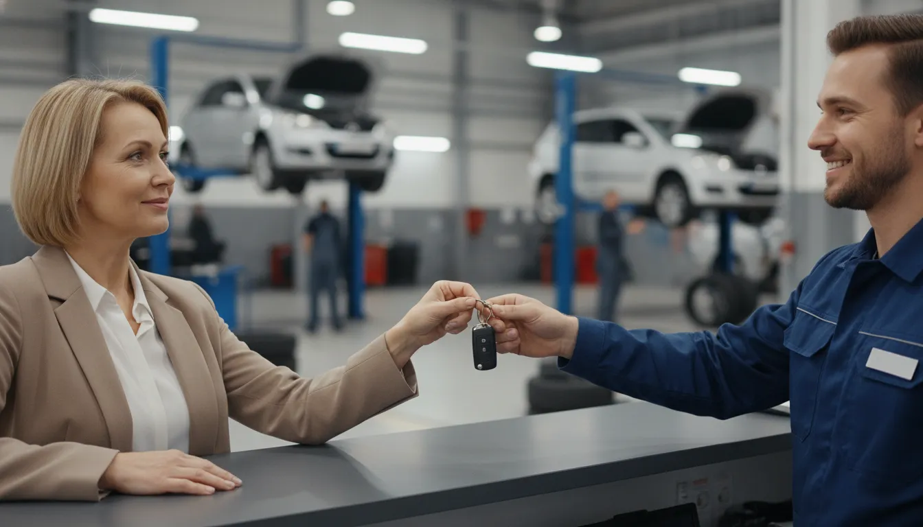 Consumer at a car dealership reviewing paperwork