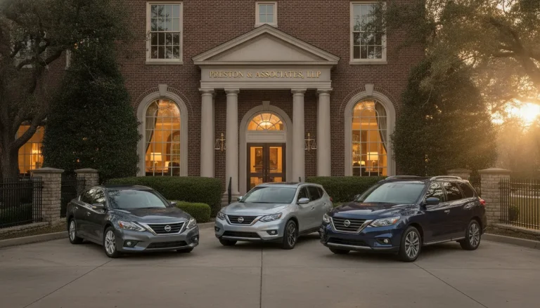 Nissan Altima, Rogue, and Pathfinder vehicles parked in front of a law office building