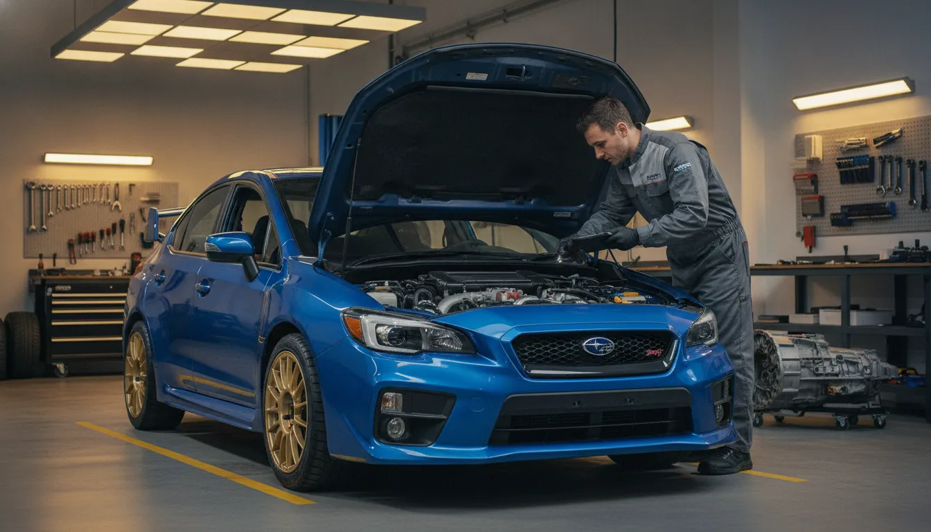 Subaru vehicle with engine hood open at a repair shop, mechanic inspecting under hood