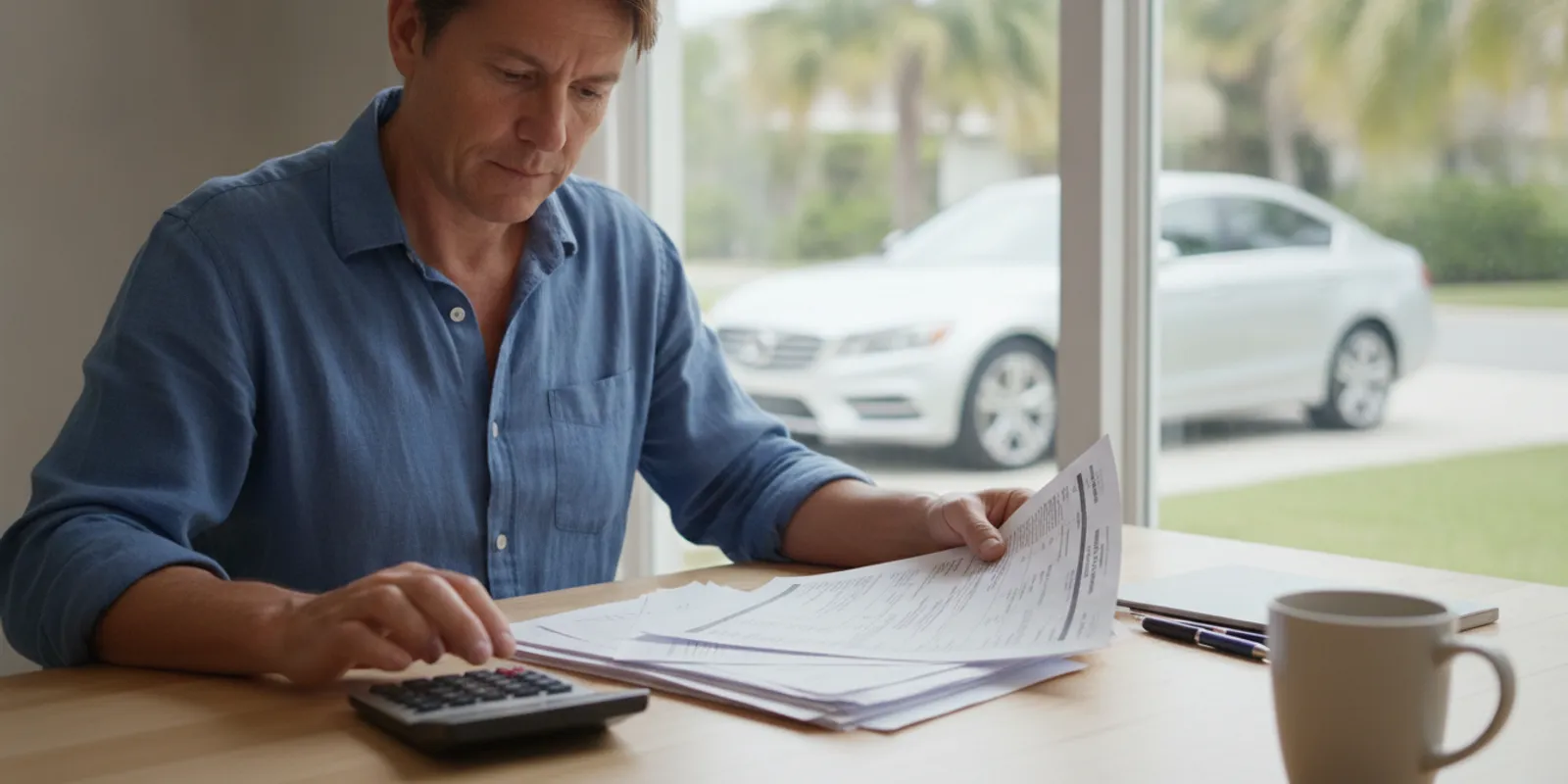 A Florida driver reviewing vehicle purchase and repair paperwork beside a car