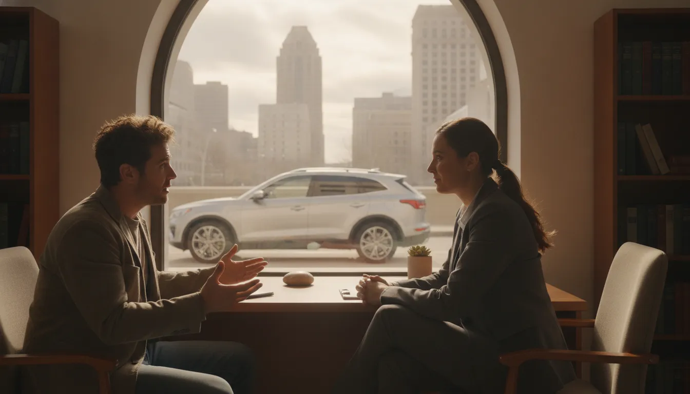 Attorney speaking with a car owner in a modern office about a lemon law claim